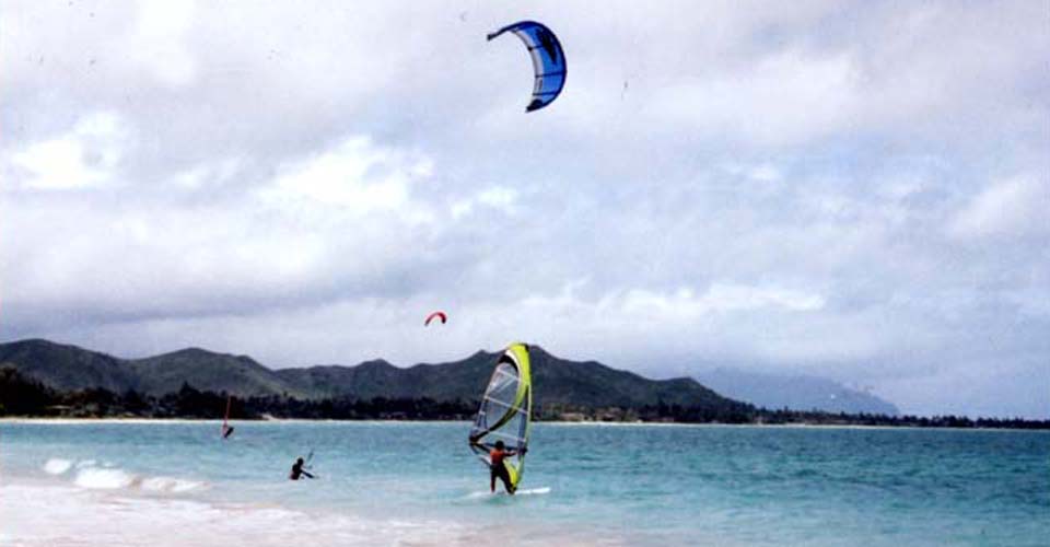 Kite surfing and wind surfing at Kailua Beach.